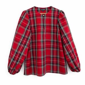 J Crew Puff Sleeve Poplin Top in Good Tidings Plaid Size Small‎